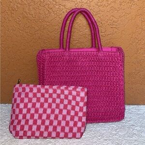 Pink Handwoven Tote Bag with cosmetic bag